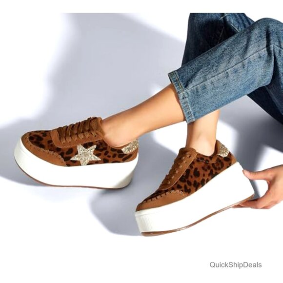 Platform Chunky Sneakers with Glitter Stars, Wedge Walking Shoes, Thick Sole - Picture 6 of 7